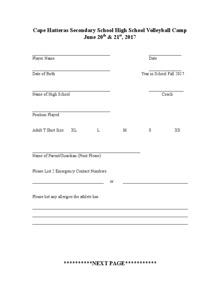 Volleyball Camp Form