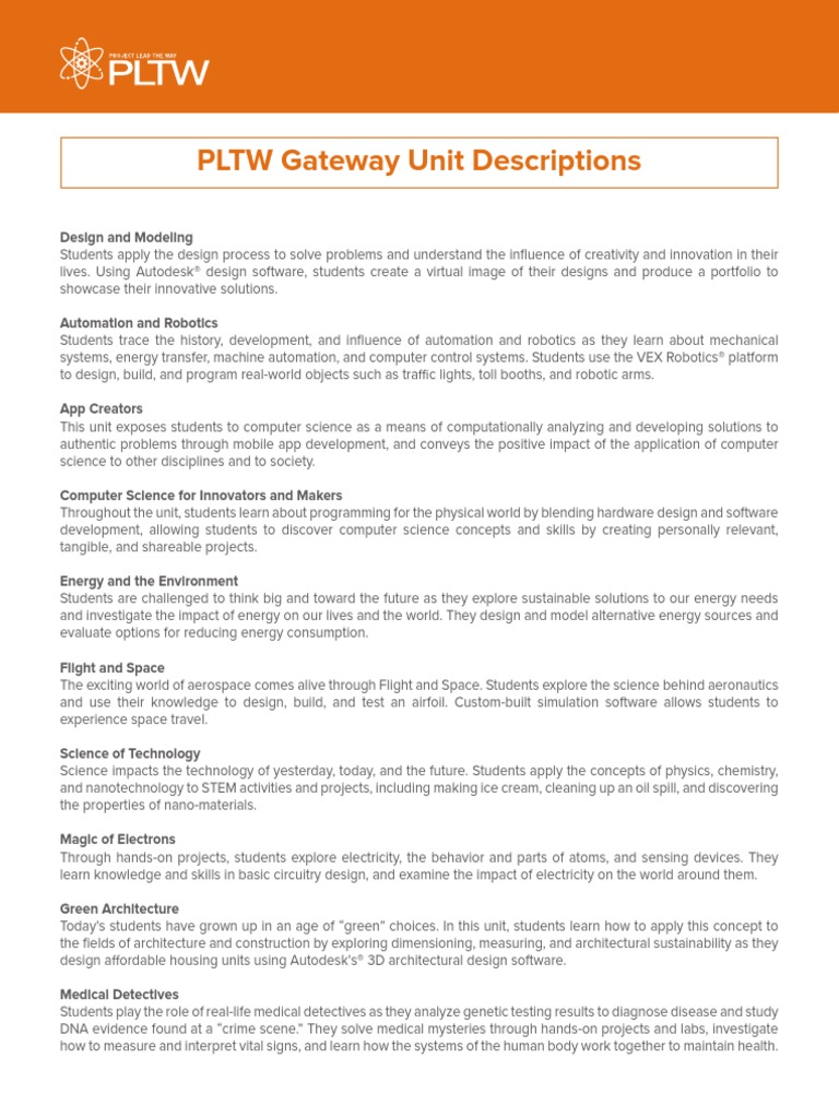 PLTW Gateway Unit Descriptions | PDF | Robotics | Design