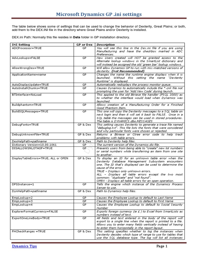 Dynamics GP DEX.INI Configuration Guide | PDF | Sql | Computer File