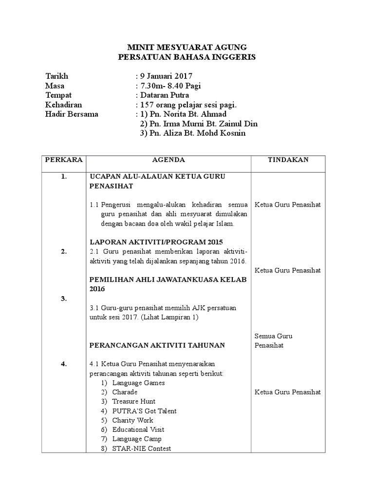 Contoh Minit Mesyuarat Persatuan Kali Pertama | My Skripsi