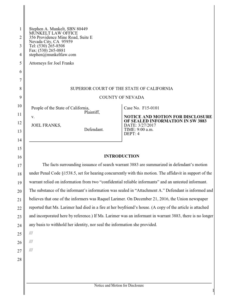 Franks Motion for Informant Disclosure | PDF | Search Warrant ...