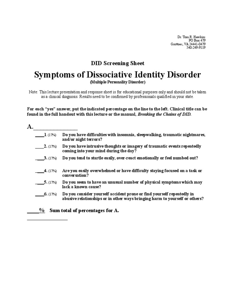 DID Screening Sheet Psychological Trauma Medical Diagnosis