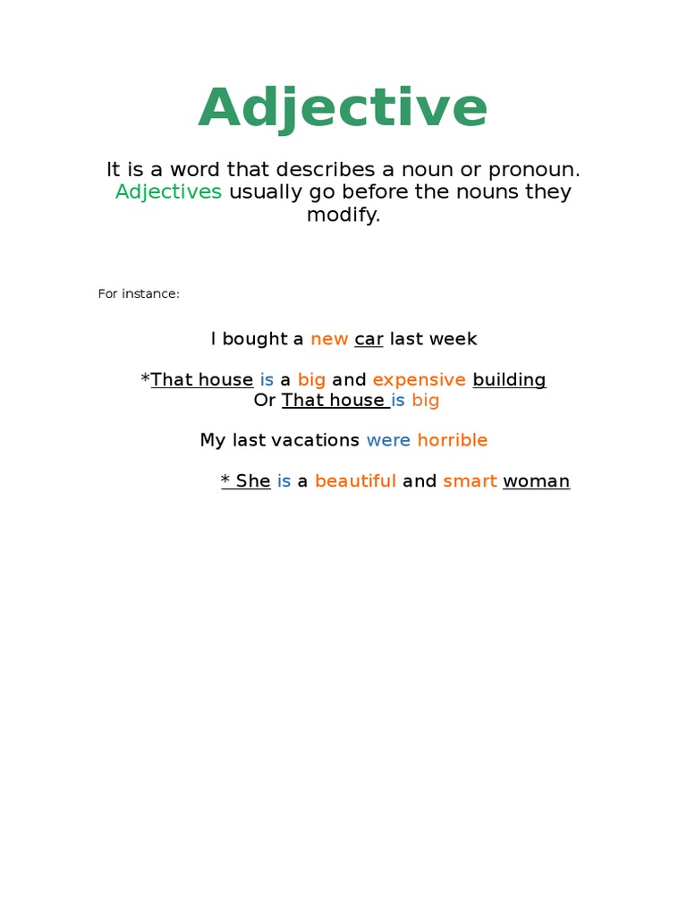 Adjective It Is A Word That Describes A Noun or Pronoun. Usually Go