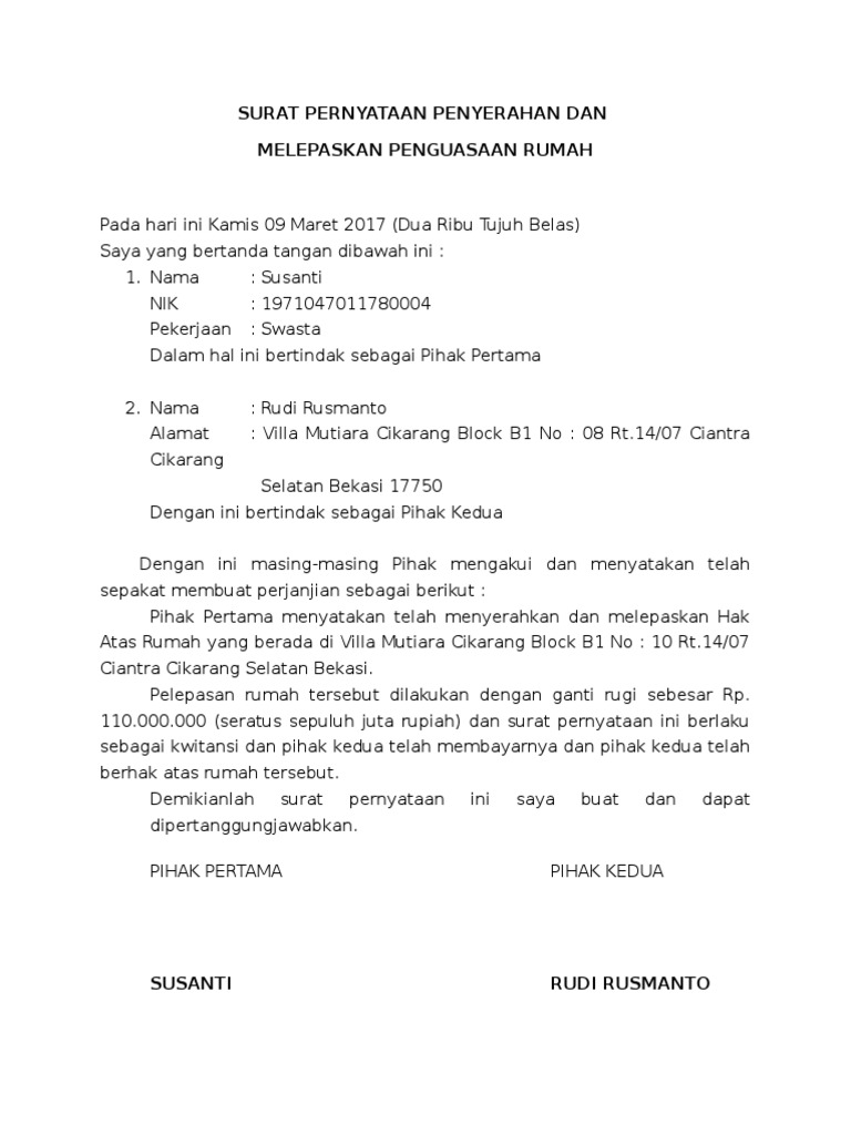 Contoh Surat Penyerahan Kunci Rumah Malaysia