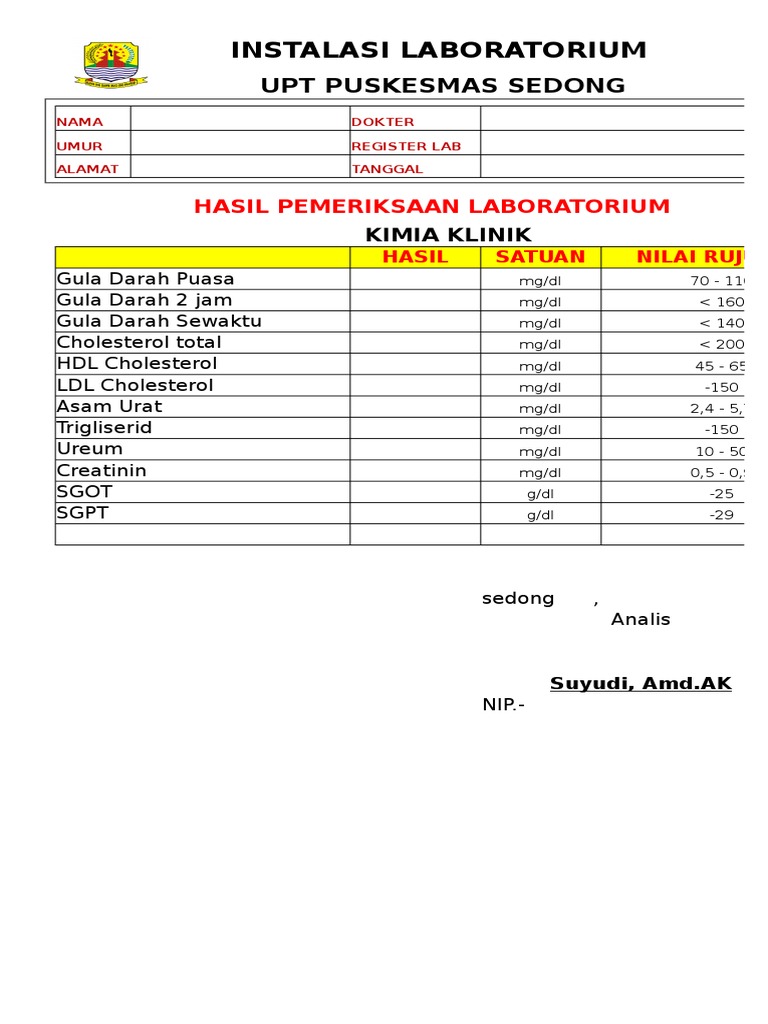 Hasil Pemeriksaan Kimia Klinik Sedong | PDF
