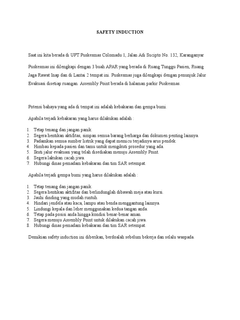 Prosedur Safety Induction Puskesmas | PDF | Sains & Matematika