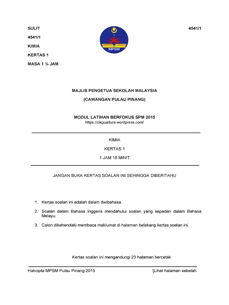 Trial Pulau Pinang 2015 Kimia Dengan Jawapan Pdf