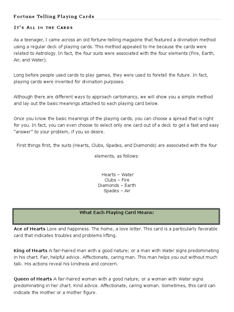 Fortune Telling Playing Cards Pdf Playing Cards Ephemera