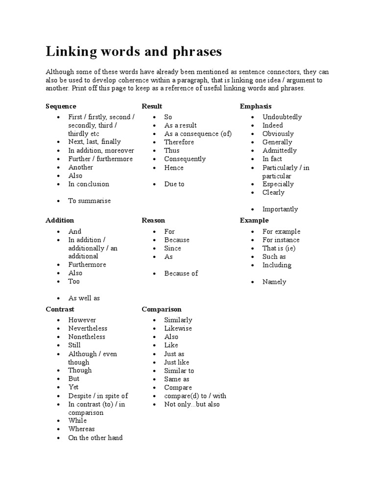 Essential Linking Words and Phrases | PDF | Phrase | Language Mechanics