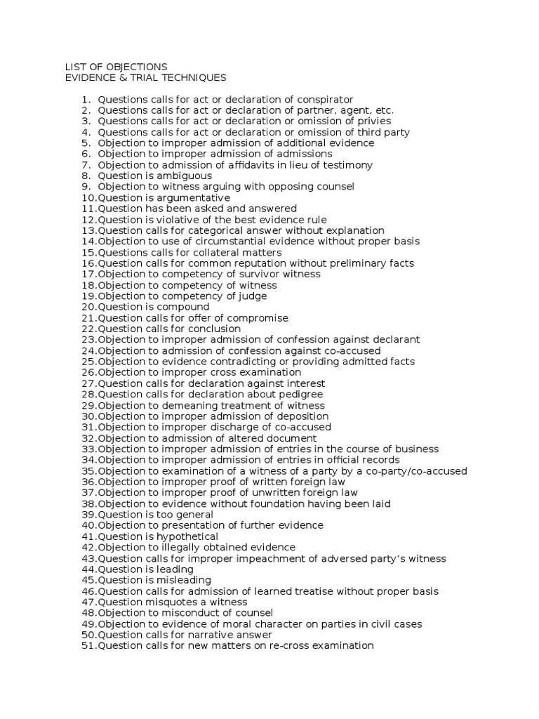 Comprehensive List of Court Objections | PDF | Witness | Evidence (Law)