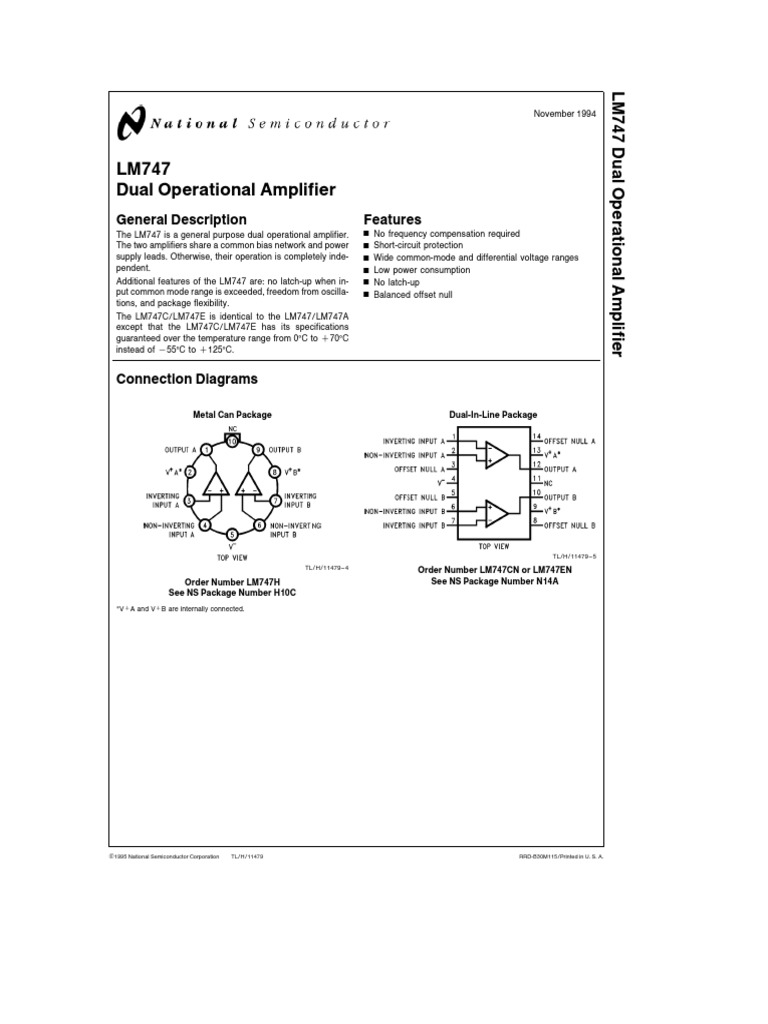 LM747 Dual Operational Amplifier Technical Specifications and