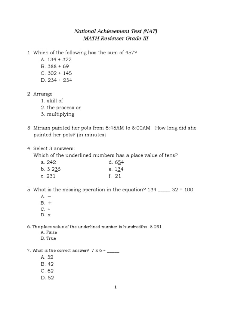 Grade 3 Math NAT Reviewer with Answers | PDF | Teaching Mathematics