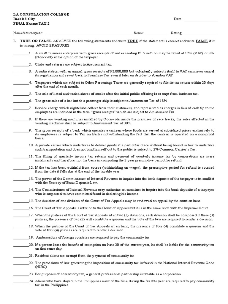 Final Exam Tax2 With Answers Value Added Tax Internal Revenue Service