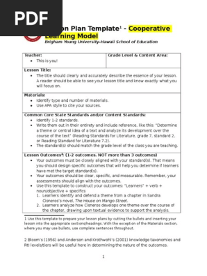 cooperative learning model lesson plan template