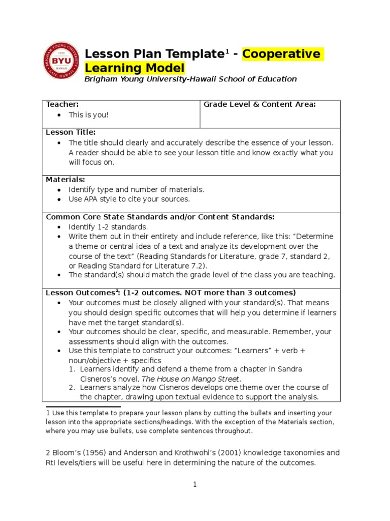 cooperative learning model lesson plan template Educational
