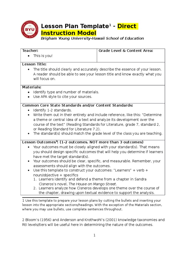 Direct Instruction Lesson Plan Template | PDF | Educational Assessment ...