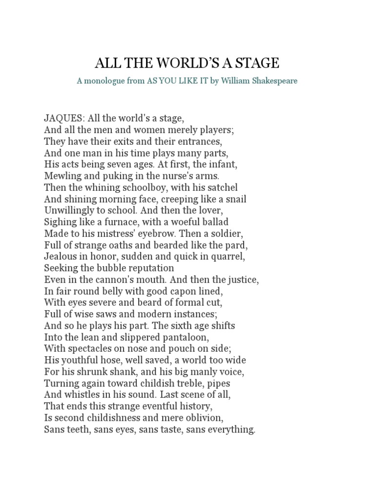Jaques' Monologue: All the World's a Stage | PDF