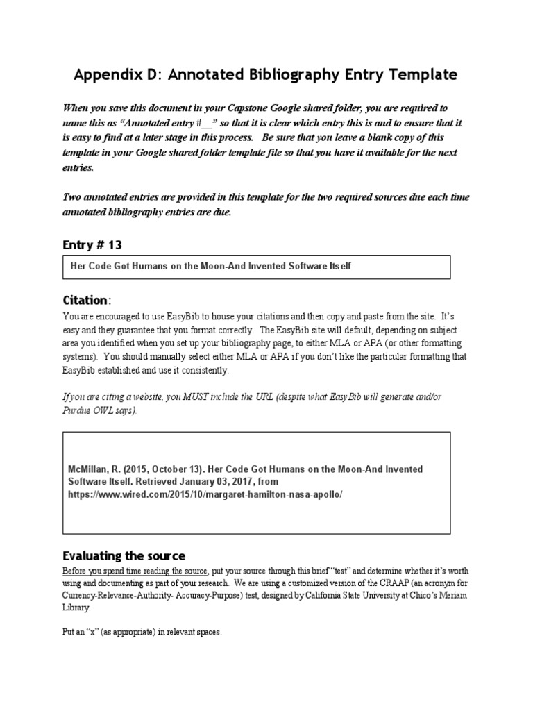 Appendix D: Annotated Bibliography Entry Template | PDF | Citation ...