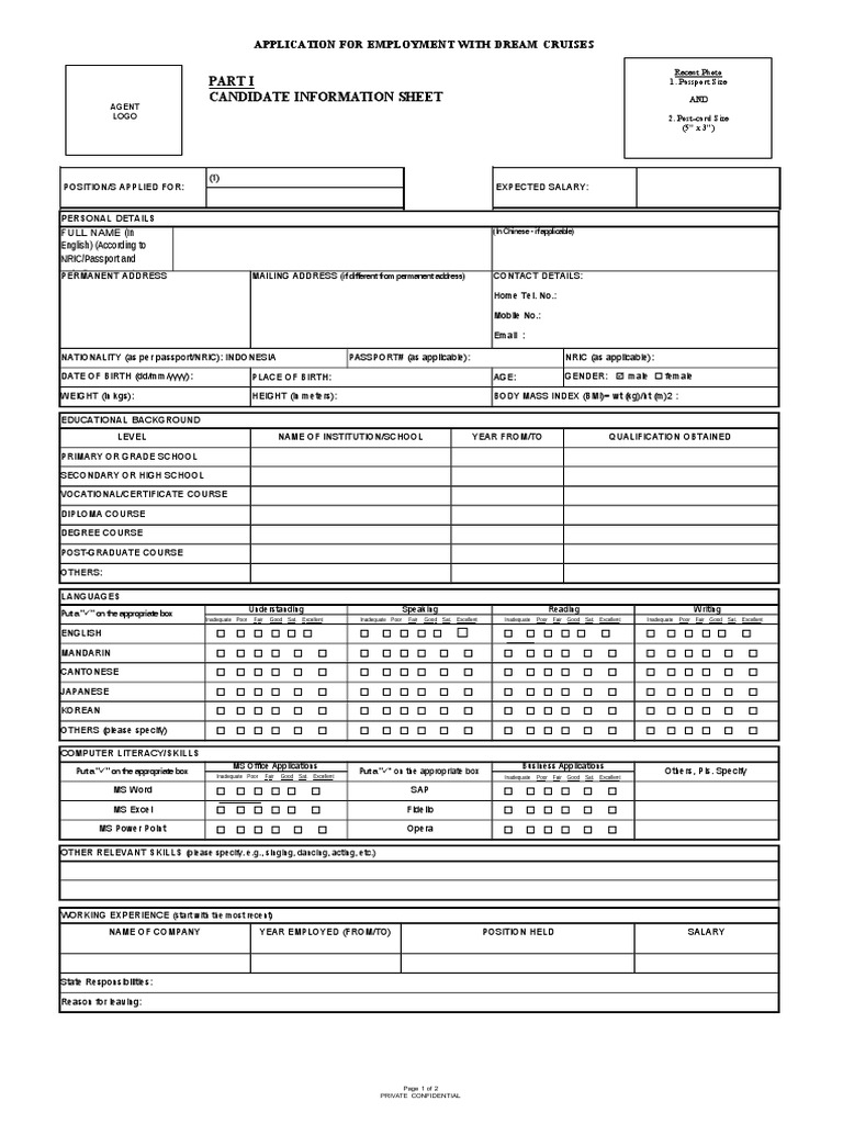 Dream Cruises Employment Application Form | PDF | Further Education