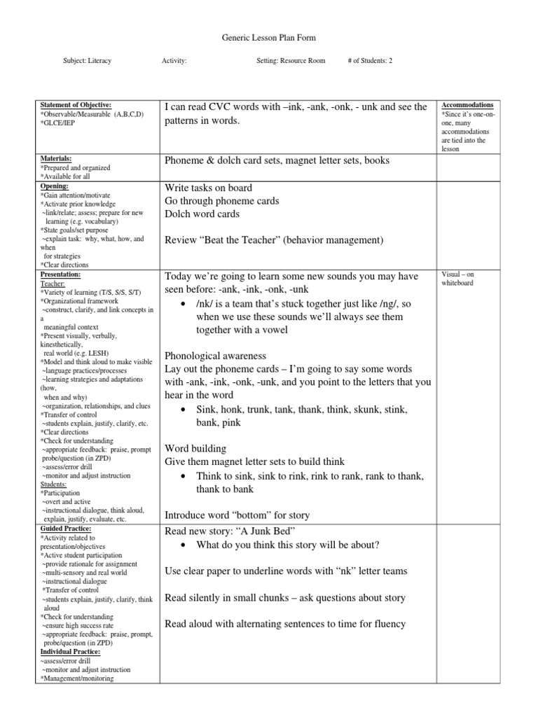 Literacy Lesson Plan for CVC Words | PDF | Neuropsychology | Action ...