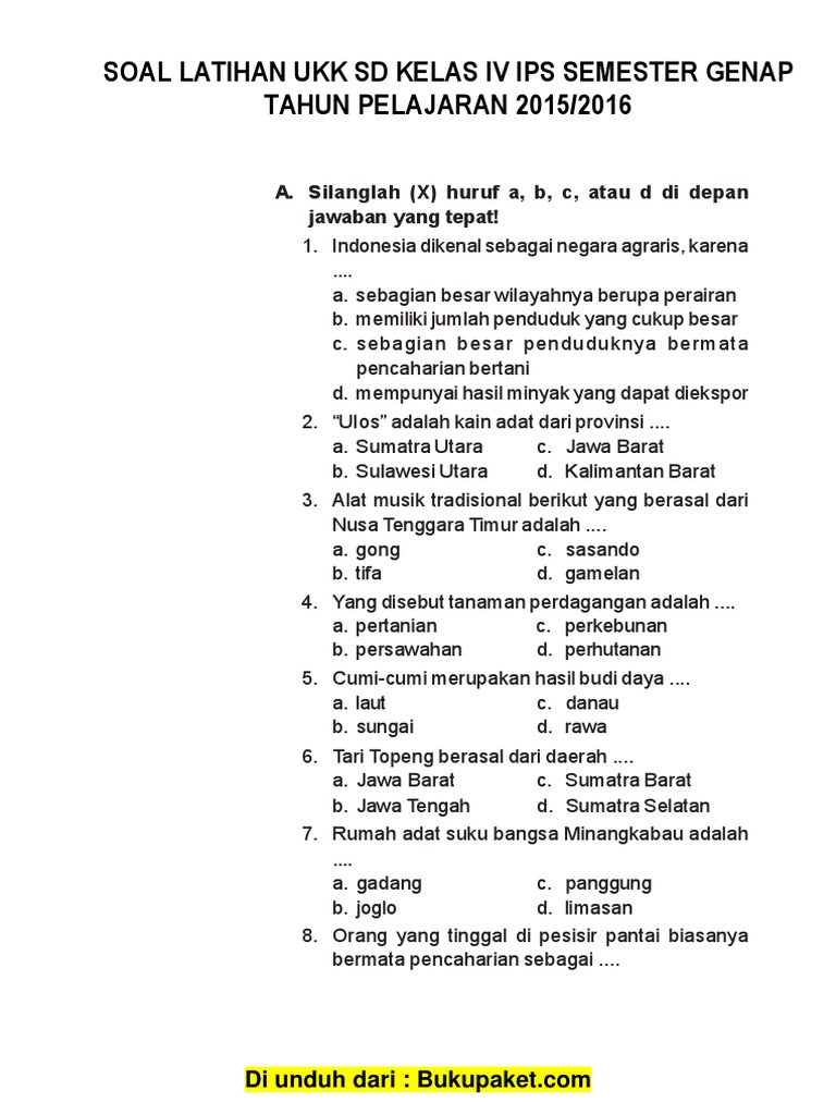 Soal Ukk Ips Kelas 4 Sd