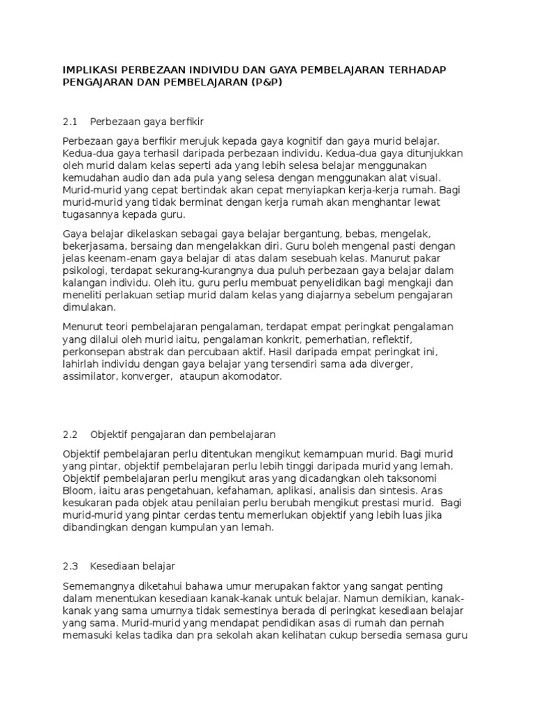 Implikasi Perbezaan Individu Dan Gaya Pembelajaran Terhadap Pengajaran Dan Pembelajaran Pdf
