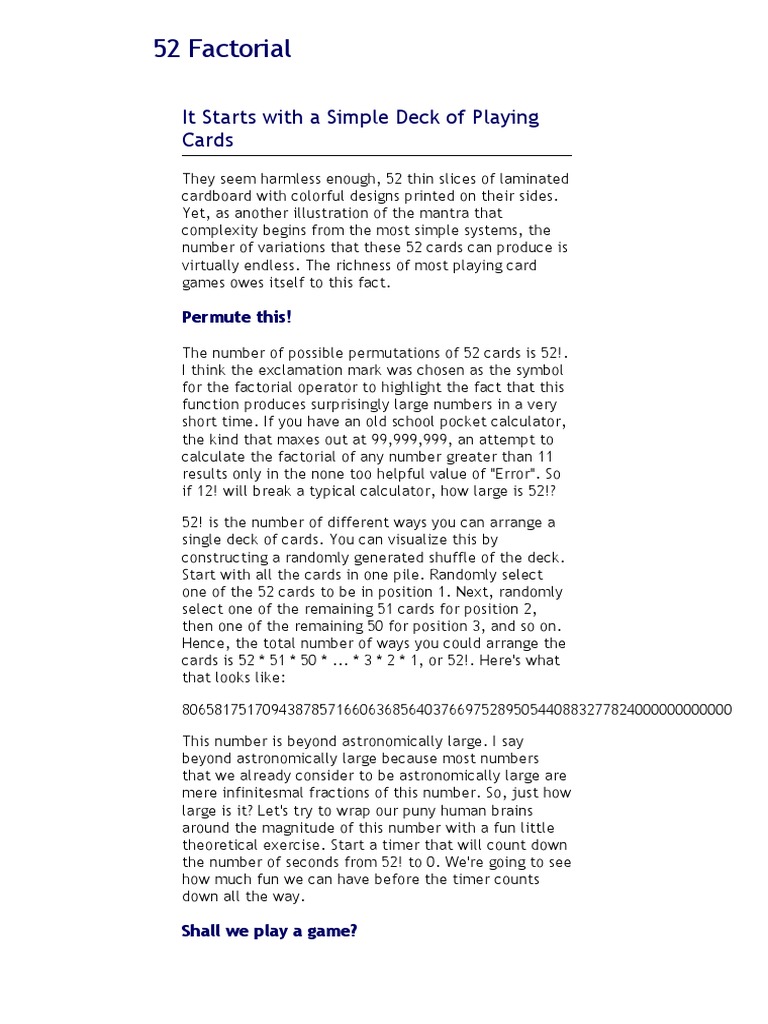52 Factorial It Starts With A Simple Deck of Playing Cards PDF