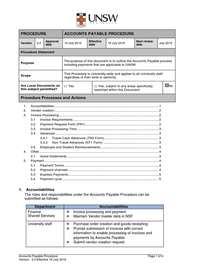 UNSW Accounts Payable Procedure Guide | PDF | Accounts Payable | Invoice