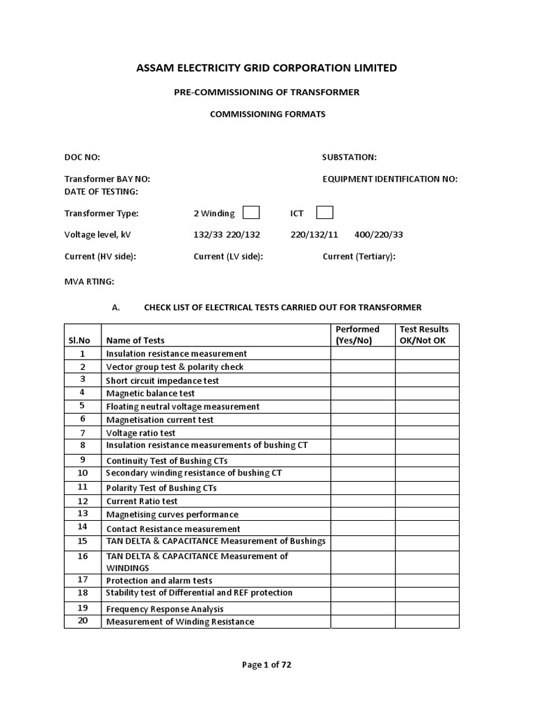 Transformer Pre-Commissioning Checklist | PDF | Transformer | Voltage