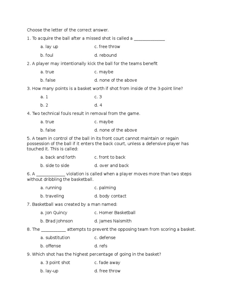 Basketball Test Questionaires | PDF | Leisure | Games Of Physical Skill