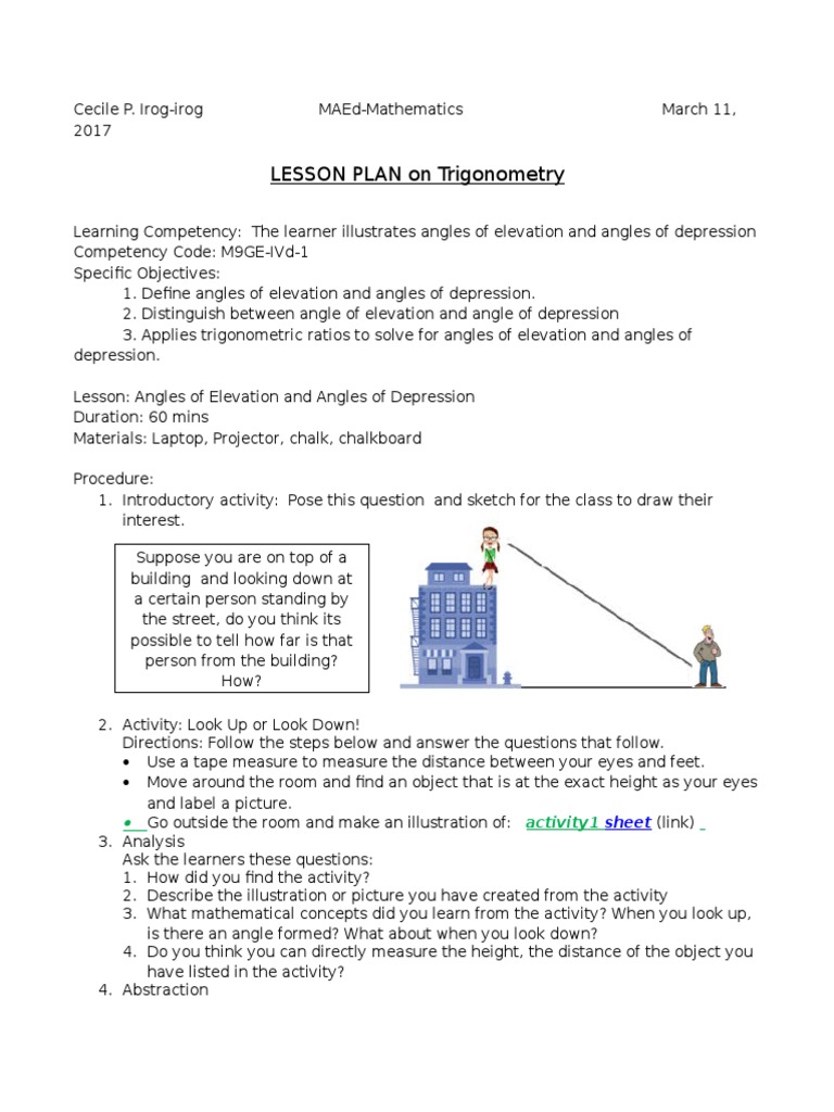 worksheet Angles Of Elevation And Depression Worksheet Answers lp hyperlink files trigonometric functions elementary geometry
