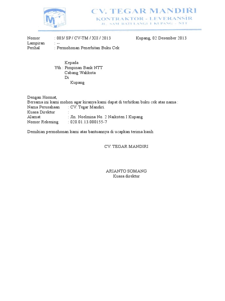 Contoh Surat Meminta Buku Cek