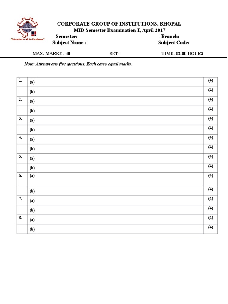 Bhopal Corporate Institutions Exam 2017 | PDF