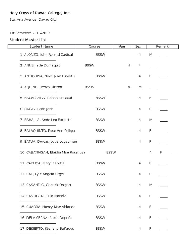 4th Year BSSW Student Master List | PDF