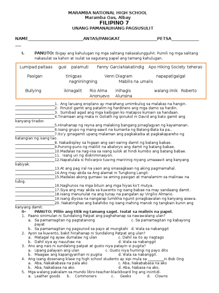 1st Grading Period (FILIPINO 7) | PDF