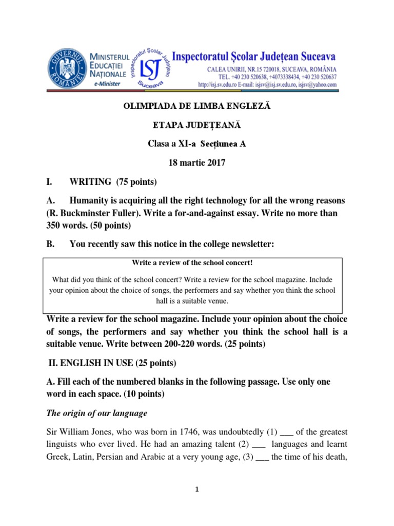 Olimpiada Engleza 2017 Cl A 11a Pdf Languages
