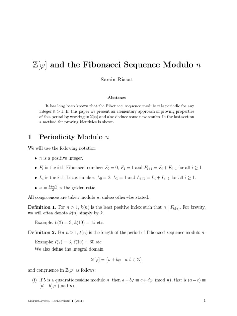 Fibonacci Sequence Modulo N - Samin Riasat - MR 2011 PDF | PDF ...