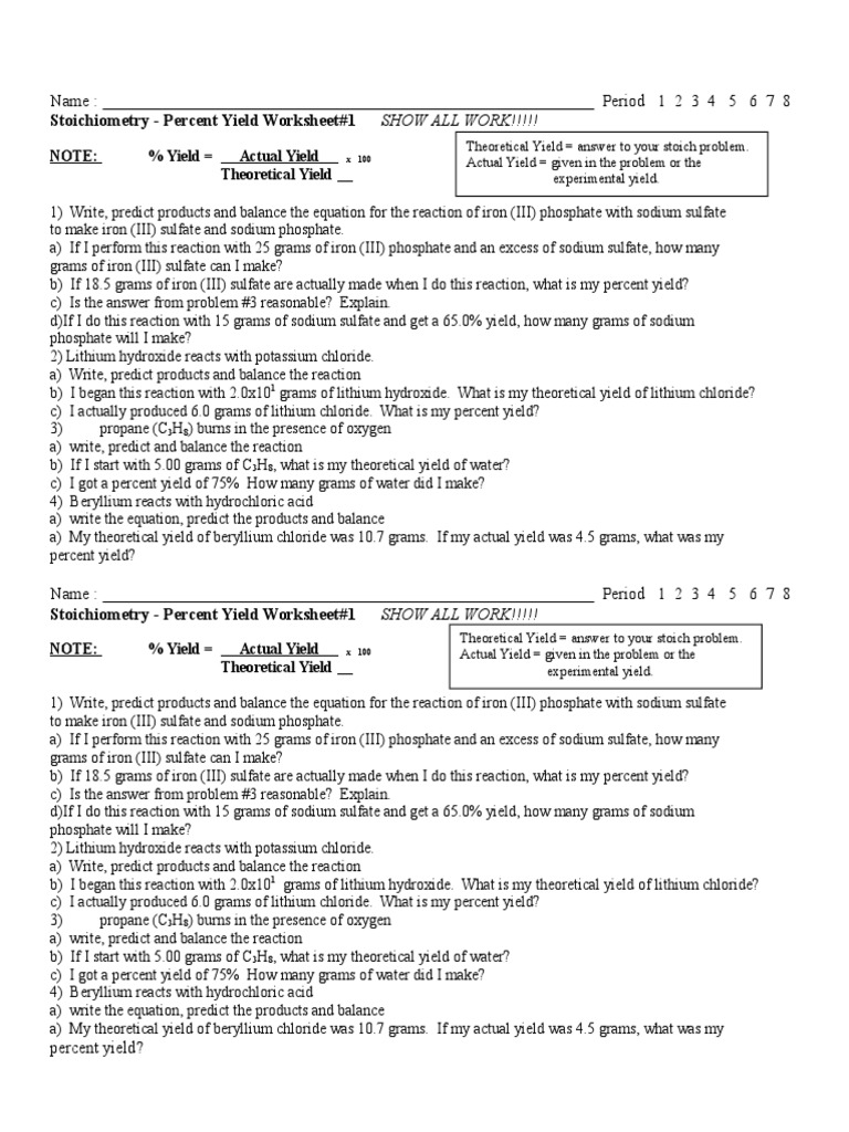 worksheet Stoichiometry Worksheet 1 Answers percent yield worksheet 1 stoichiometry chemical reactions