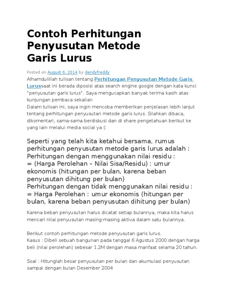 Contoh Soal Penyusutan Metode Garis Lurus Contoh Soal