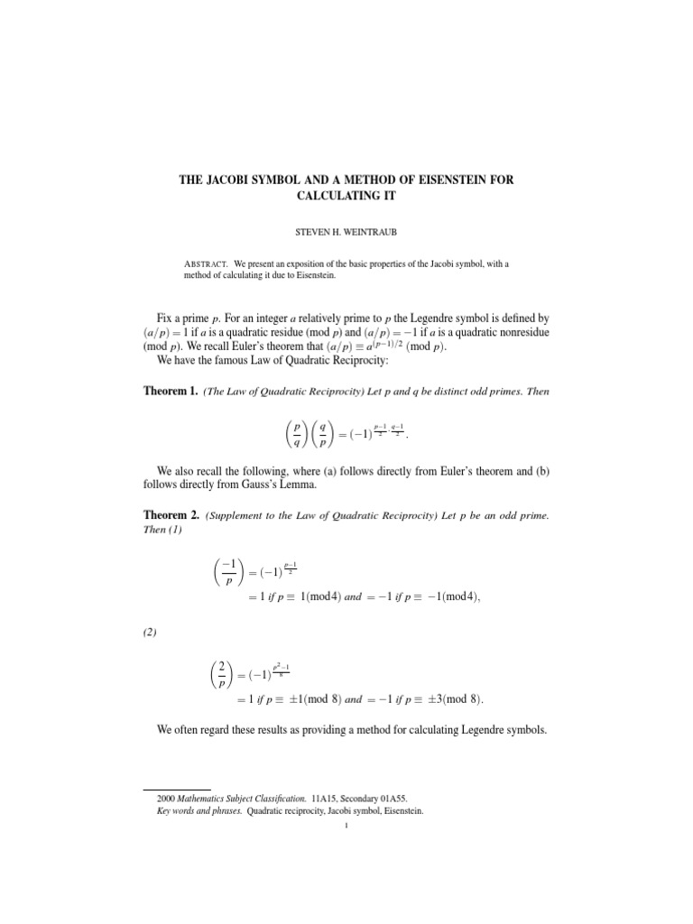 Jacobi Symbol Eisenstein | PDF | Abstract Algebra | Discrete Mathematics