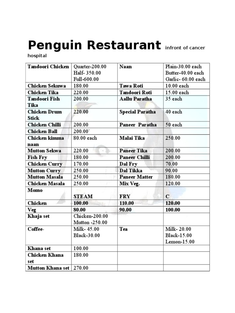 Penguin Restaurant Menu Near Cancer Hospital | PDF