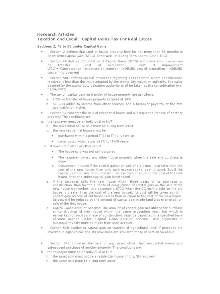 Capital Gains Tax For Real Estate Taxation and Legal PDF Capital