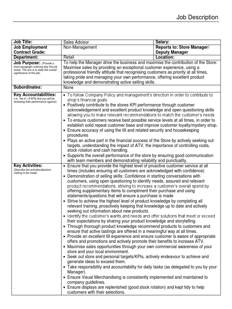 Sales Advisor Job Description PDF Sales Retail