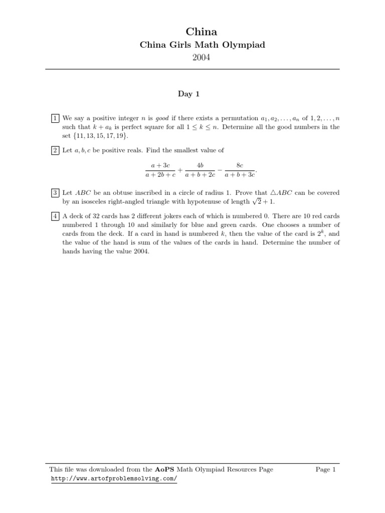 China-China Girls Math Olympiad-2004 PDF | PDF