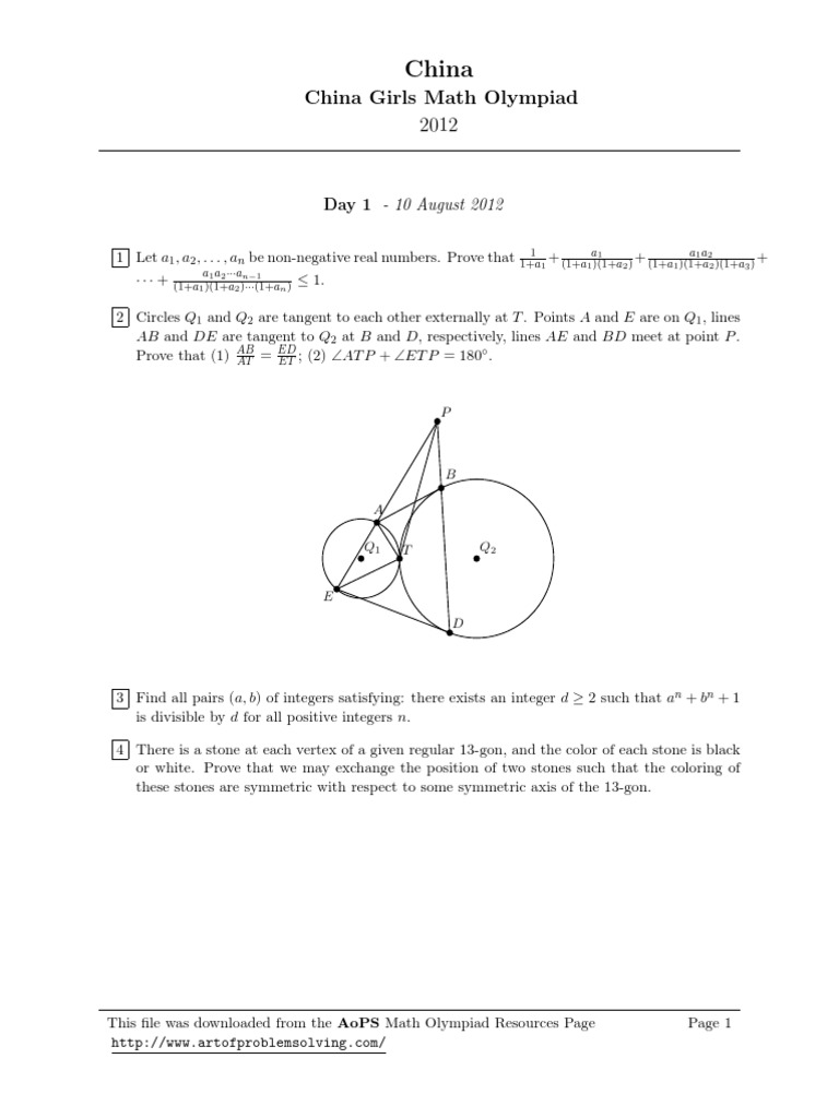 China Girls Math Olympiad 2012 Problems | PDF | Discrete Mathematics ...