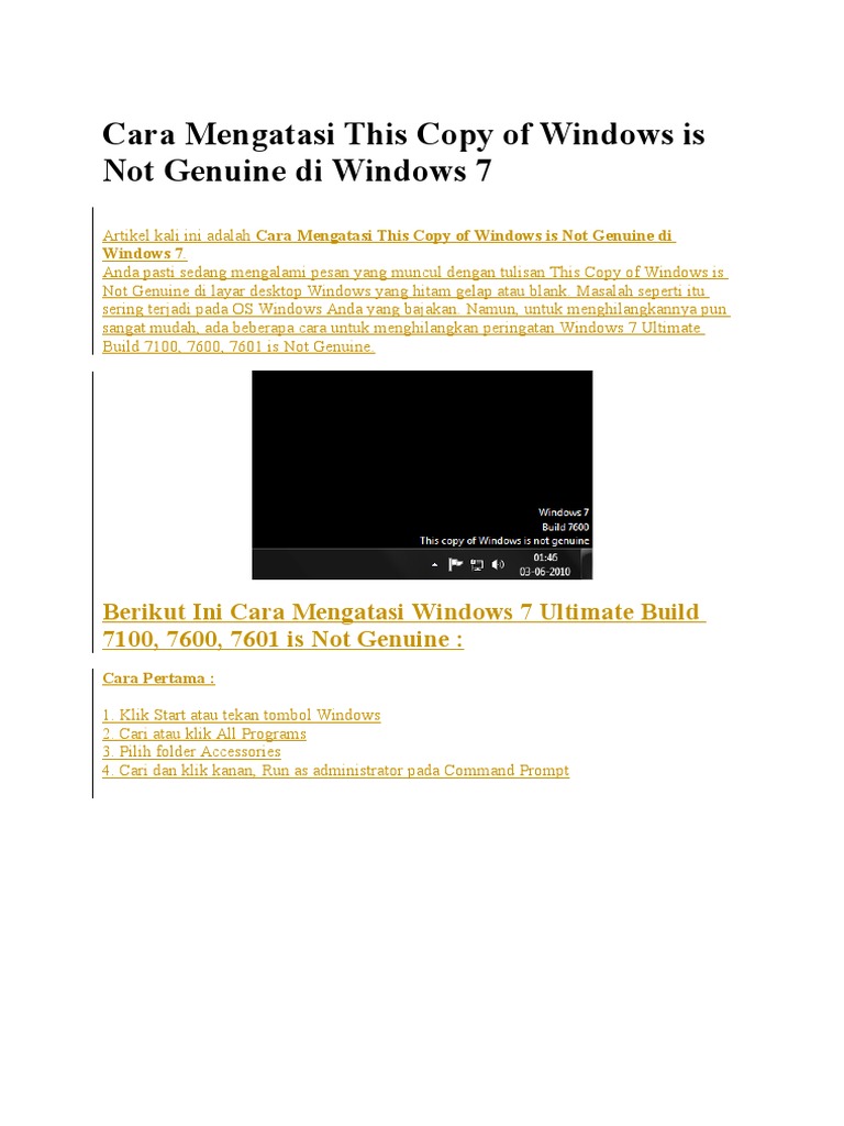 Cara Mengatasi This Copy of Windows Is Not Genuine Di Windows 7 | PDF