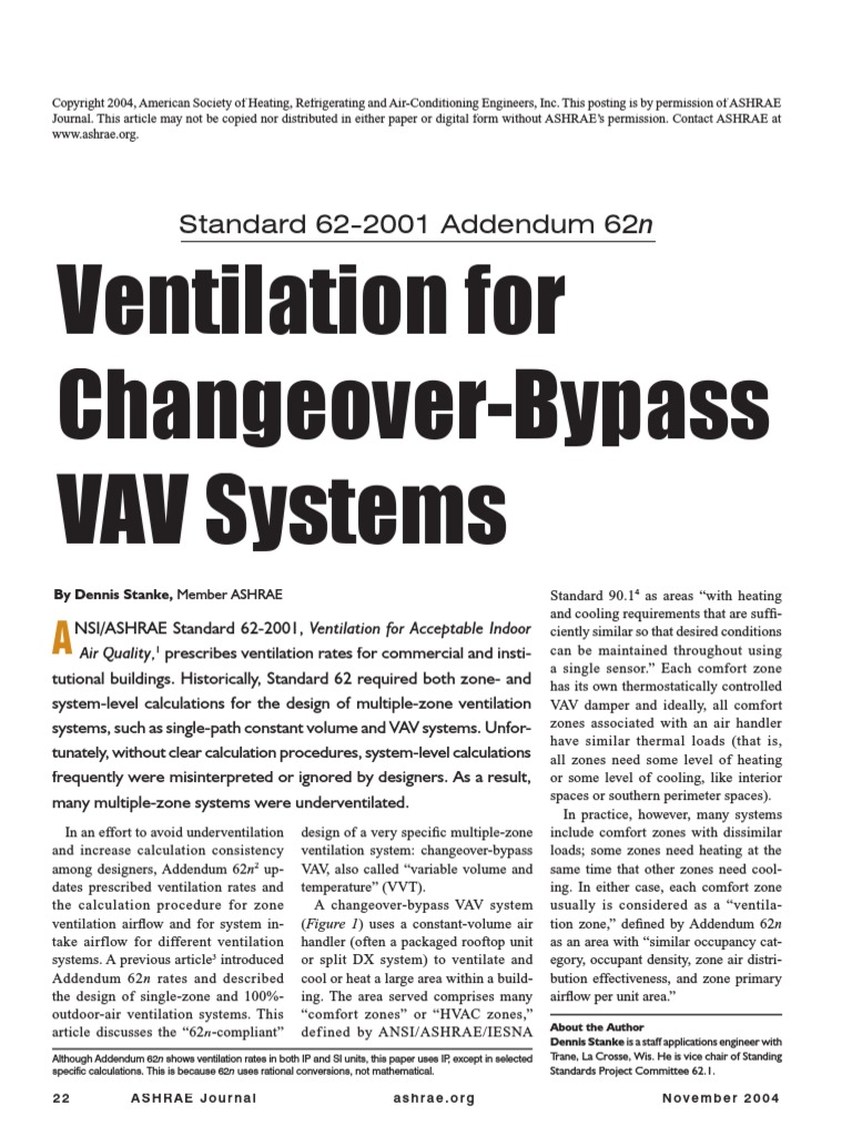 Ventilation For Changeover Bypass VAV Systems PDF Ventilation