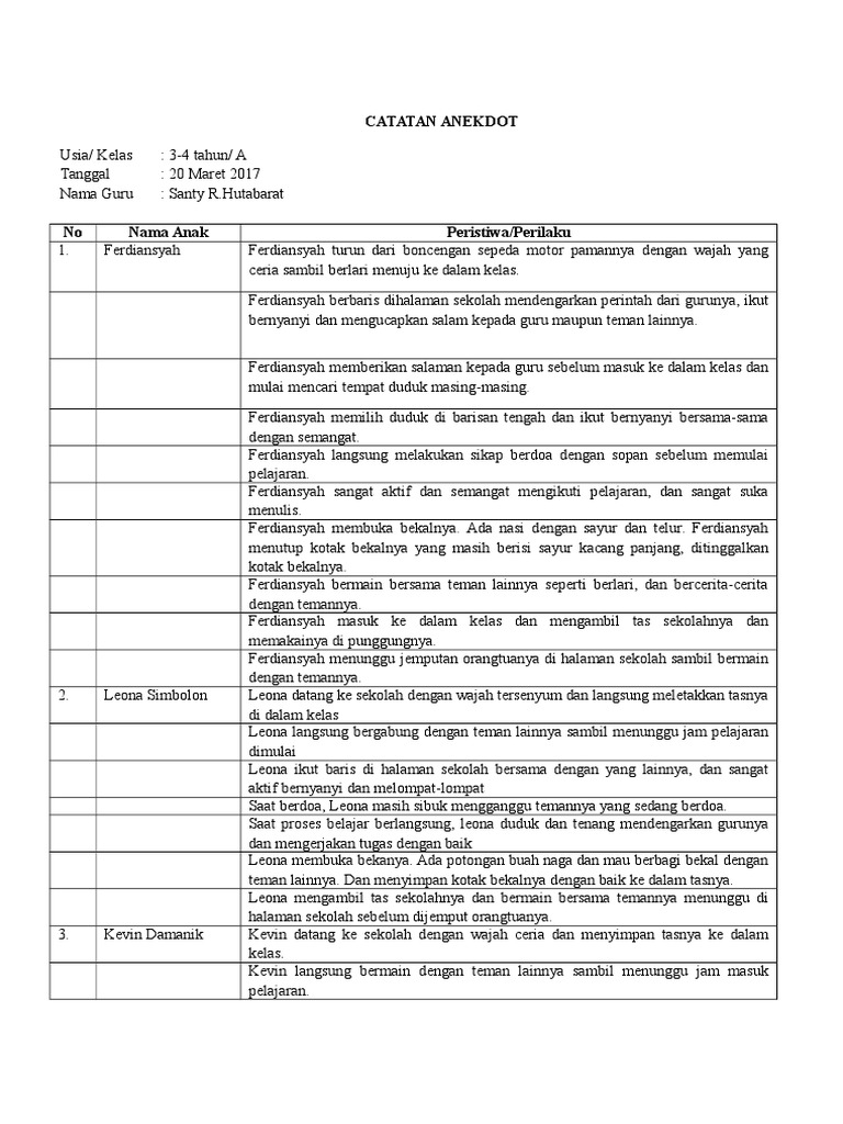 Contoh Catatan Anekdot Anak TK | PDF