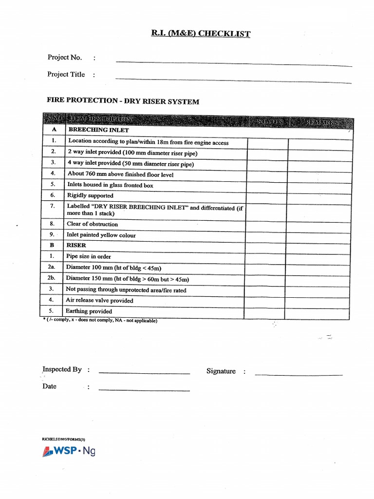 Checklist Dry Riser System