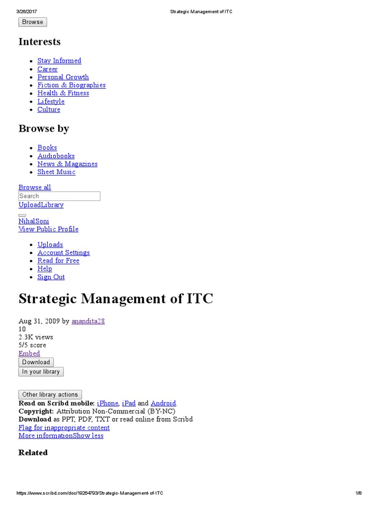 Strategic Management of ITC | PDF | Scribd | Strategic Management